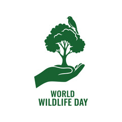 Obraz premium World Wildlife Day vector illustration with hand holding tree and bird for conservation concept