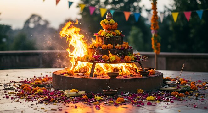 Sacred Fire Ceremony Homa Yajna Dusk Flowers Offerings Prayer Flags Spiritual Outdoor