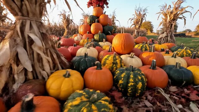 Sweeping aerial drone shot slowly rotating above a stylized autumn display featuring pumpkins gourds and stacks of dry rustic corn stalks wreath, autumn, decoration