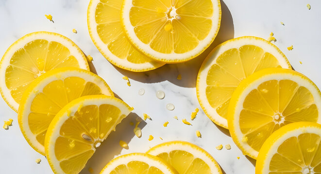 Freshly sliced lemons on a clean white surface with zest and juice