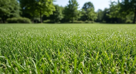 Obraz premium Green grass field with trees in background