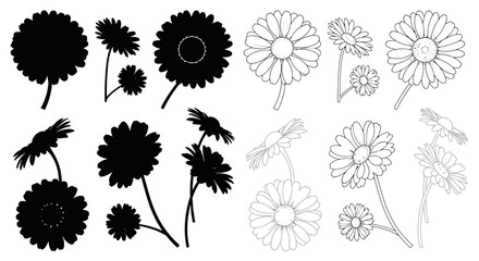 Floral arrangement of daisies and dandelions in varying styles