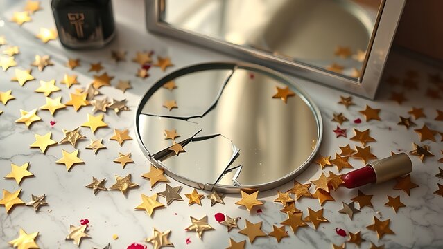 exemplification. Broken makeup mirror with scattered gold star stickers and lipstick marks on marble surface. lifestyle magazines.