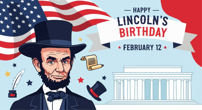 Illustration of abraham lincoln with american flag and lincoln memorial on lincoln's birthday february 12 celebration