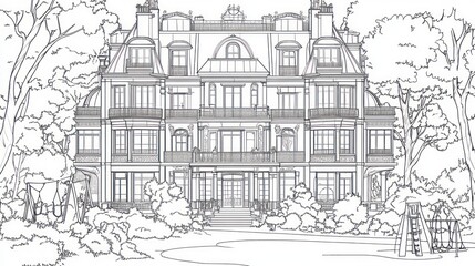 Elegant Mansion Sketch in Park Setting.  Possible stock photo use architectural design, illustrations, or coloring book