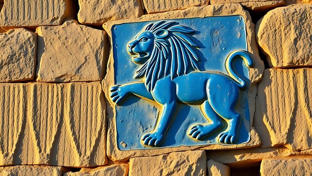 babylonian. Ancient Babylonian wall fragment with a blue glazed brick lion relief. event programs, museum guides, designed for cultural heritage projects and event programs, preserves heritage.