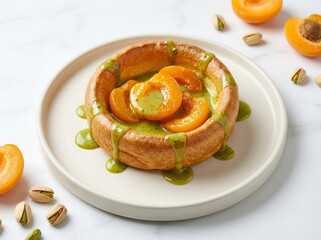 Gourmet Yorkshire pudding filled with fresh apricots and drizzled with pistachio sauce