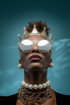 Contemporary queen fashion portrait with crown sunglasses and pearl jewelry in editorial style