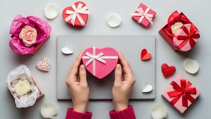 Gift Giving Hands Holding Heart Shaped Box.