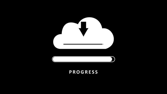 White cloud with downward arrow and progress bar indicating progress on a black background with the word PROGRESS" centered below the bar
