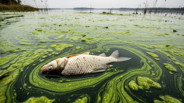 Dead Fish Floating in Polluted Lake with Algae Bloom Environmental Disaster