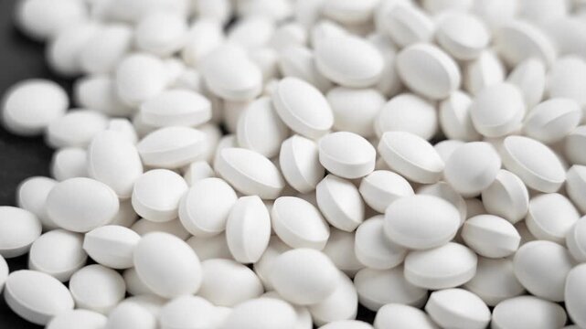Pharmaceutical white tablets falls on a growing mound of pills in slow motion. Close up