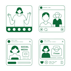 Social media interface set with user profiles and online interaction