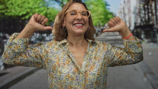 Smiling hispanic woman in floral shirt with glasses points thumbs to herself on bustling street; confidence.