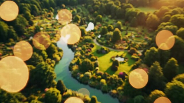 Sweeping abstract aerial blur over a vast green garden landscape with warm sunlight patches diffusing into large circular bokeh lights perspective, sunlight, space