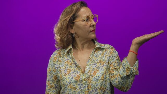 Woman holds palm up wearing a floral blouse, translucent glasses, hoop earrings and a red string bracelet in a purple studio; curiosity.