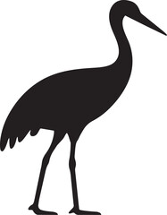 Silhouette of a stork standing in profile against a white background
