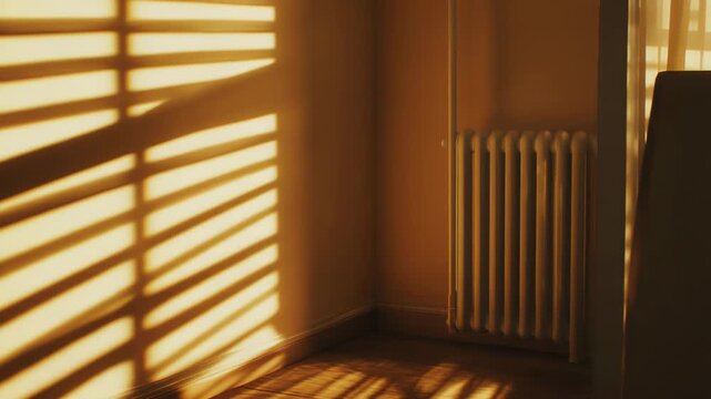 Sunlight beams stream through blinds, creating strong horizontal shadow patterns across a warm toned wall and a wooden floor, highlighting a classic radiator in an indoor setting