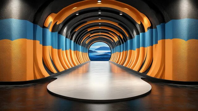 Interior tunnel with curved walls in orange, blue, and black leading to a landscape