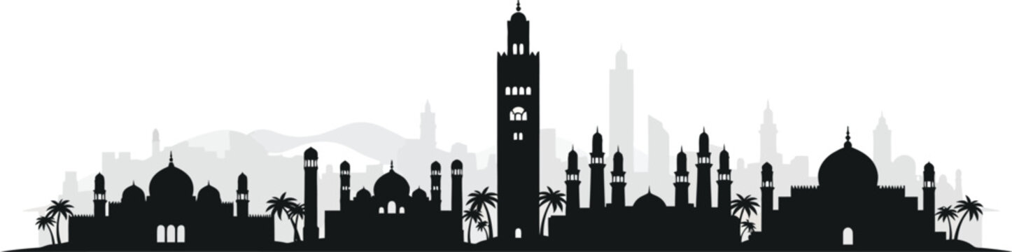Morocco city skyline, Islamic holy sites cityscape, Kaaba and the Grand Mosque of Mecca. Middle Eastern architectural style with domes and arches, palm trees, hills or mountains silhouette