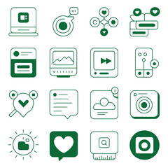 Social media and digital content icon set in green outline vector