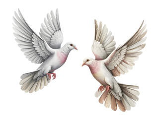 Two white doves flying towards each other isolated on transparent background