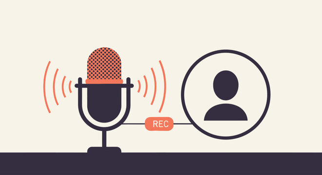 A conceptual flat design illustration symbolizing a podcast recording in progress, featuring a stylized microphone, sound waves, and a "REC" indicator