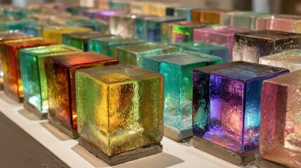 Fototapeta premium Colorful glass blocks display in vibrant arrangement under light.