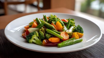Colorful steamed vegetable medley served on a white plate on a dining table