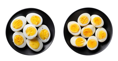 Hard Boiled Egg Halves on Black Dish Top View isolated on White or transparent background Cutout PNG