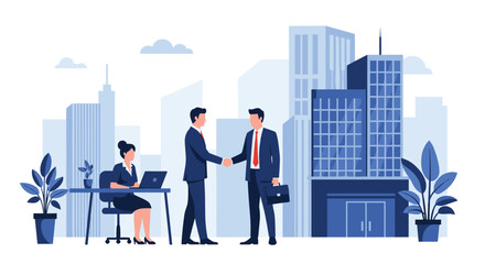 Businessmen shaking hands to finalize a deal outside a modern office building, representing partnership and corporate success.