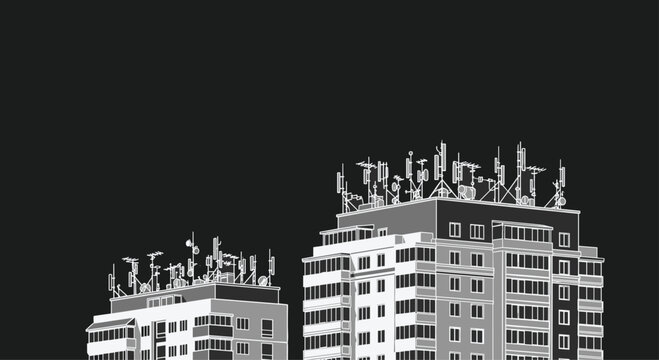 Monochrome illustration of urban apartment buildings with numerous telecommunication antennas and satellite dishes on the roof.