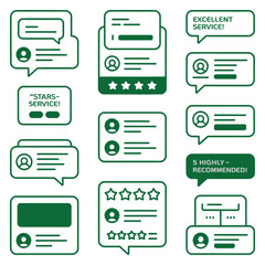 Customer feedback and review icon set with text and stars