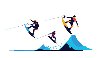 Fototapeta premium A set of wakeboarders in dynamic action poses, performing jumps and tricks on the water for an extreme summer sport.
