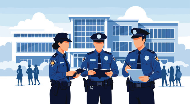 Three police officers, one female and two male, on duty and discussing a case file outside of a modern school building.