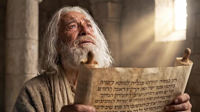 Elderly man reading ancient Hebrew scroll in temple. Biblical prophet reciting scriptures with divine light. Religious proclamation sequence from beginning to end.