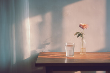 Naklejka premium Minimalistic interior with a simple wooden table, a glass of water and a flower in a vase.