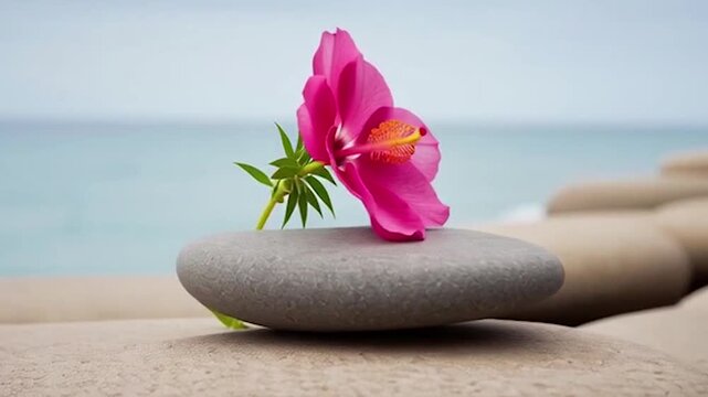Pink flower on smooth stone by serene water meditation zen calm background