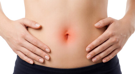 Red and Irritated Belly Button Close Up, Skin Sensitivity Concept isolated on White or transparent background Cutout