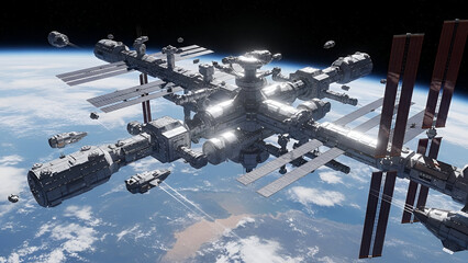 International space station orbiting earth with spacecraft docked in outer space with cloudy blue planet in the background with earth orbit and space exploration © Zaheer