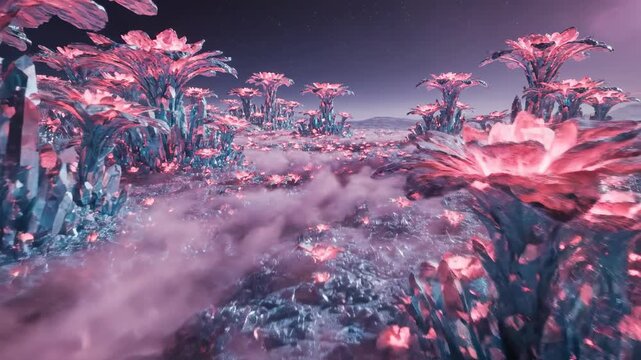 Sweeping drone shot over a massive, surreal landscape filled with glowing pink and cyan crystalized floral structures covered in ethereal mist Sweeping drone shot, magic, fog