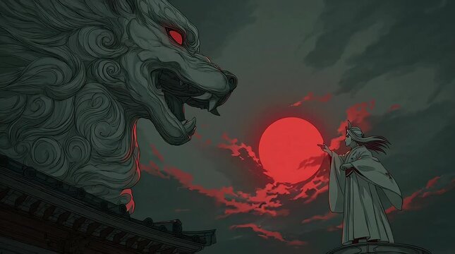 Animation of Anime Woman Amaterasu Japanese Sun Goddess from Shinto Mythology with Divine Background