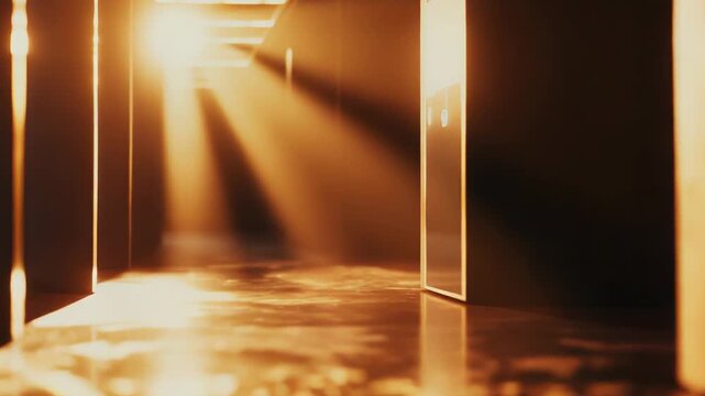 Dark, empty corridor becoming illuminated by strong diagonal light rays, casting long shadows and reflecting on the wet, textured floor, symbolizing hope and unknown future paths