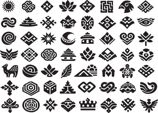 Abstract black and white cultural ornaments and ancient geometric shapes collection.