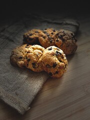 chocolate chip cookies on wooden table