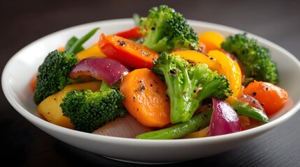 Colorful medley of steamed vegetables featuring broccoli carrots bell peppers and red onion seasoned and served in a white bowl