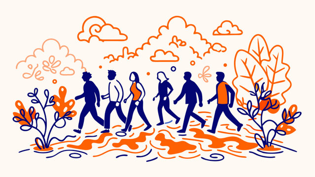 Diverse team walking together in growth journey with nature elements and success symbols illustration