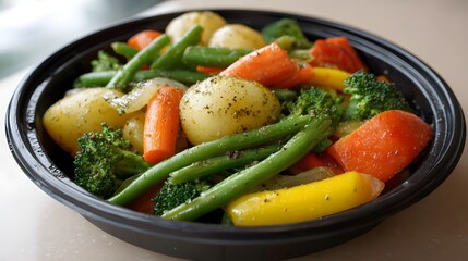 Colorful steamed vegetable medley with potatoes carrots green beans broccoli and yellow bell peppers seasoned in a black bowl