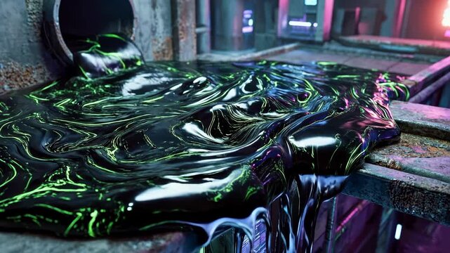 Black tar liquid background with neon green glowing lines macro texture viscous fluid satisfying tactile aesthetic cyber art design copy space