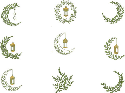 Islamic Eid festival greenery wreath with golden lantern elements